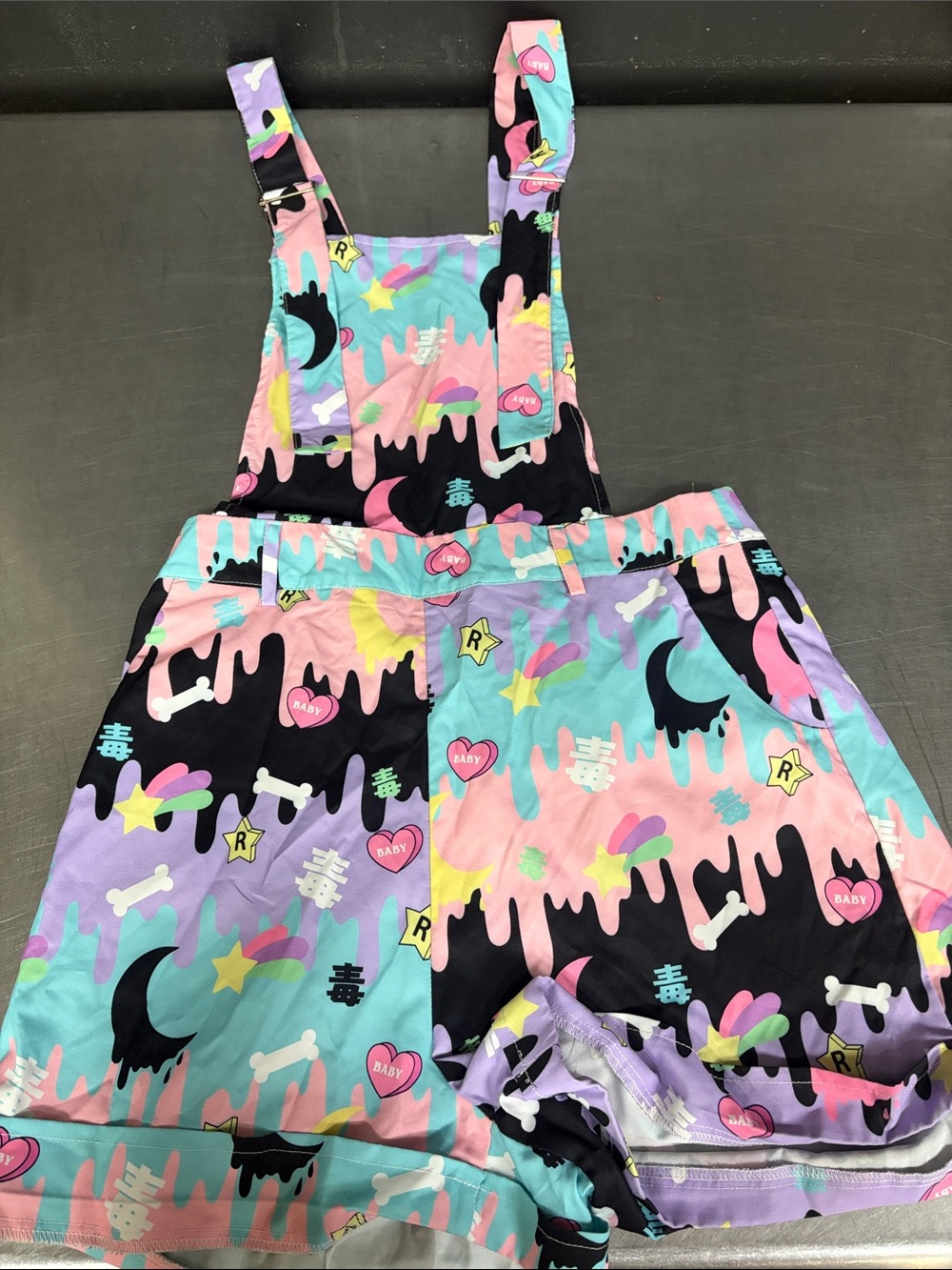 ROMWE Pastel Drip-Print Overall Romper in Pink, Purple, Aqua, Black